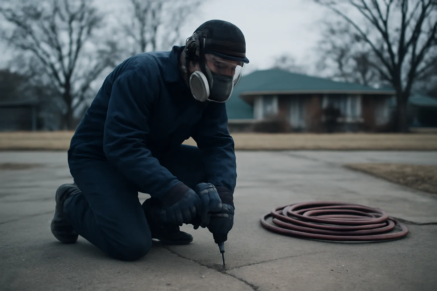 Worker drilling a sunken driveway for slab lift repair