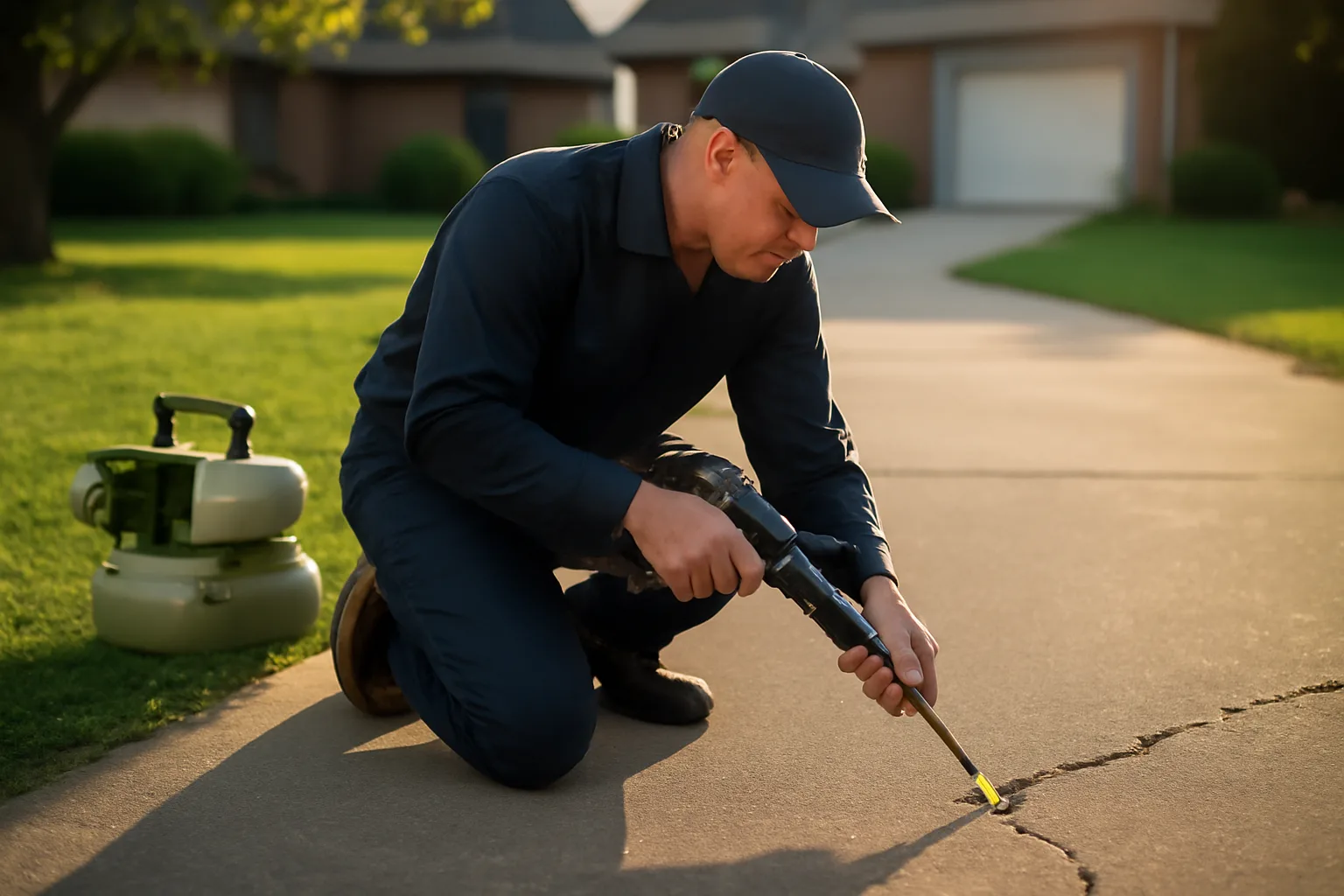 Technician injecting material under a sunken residential driveway slab