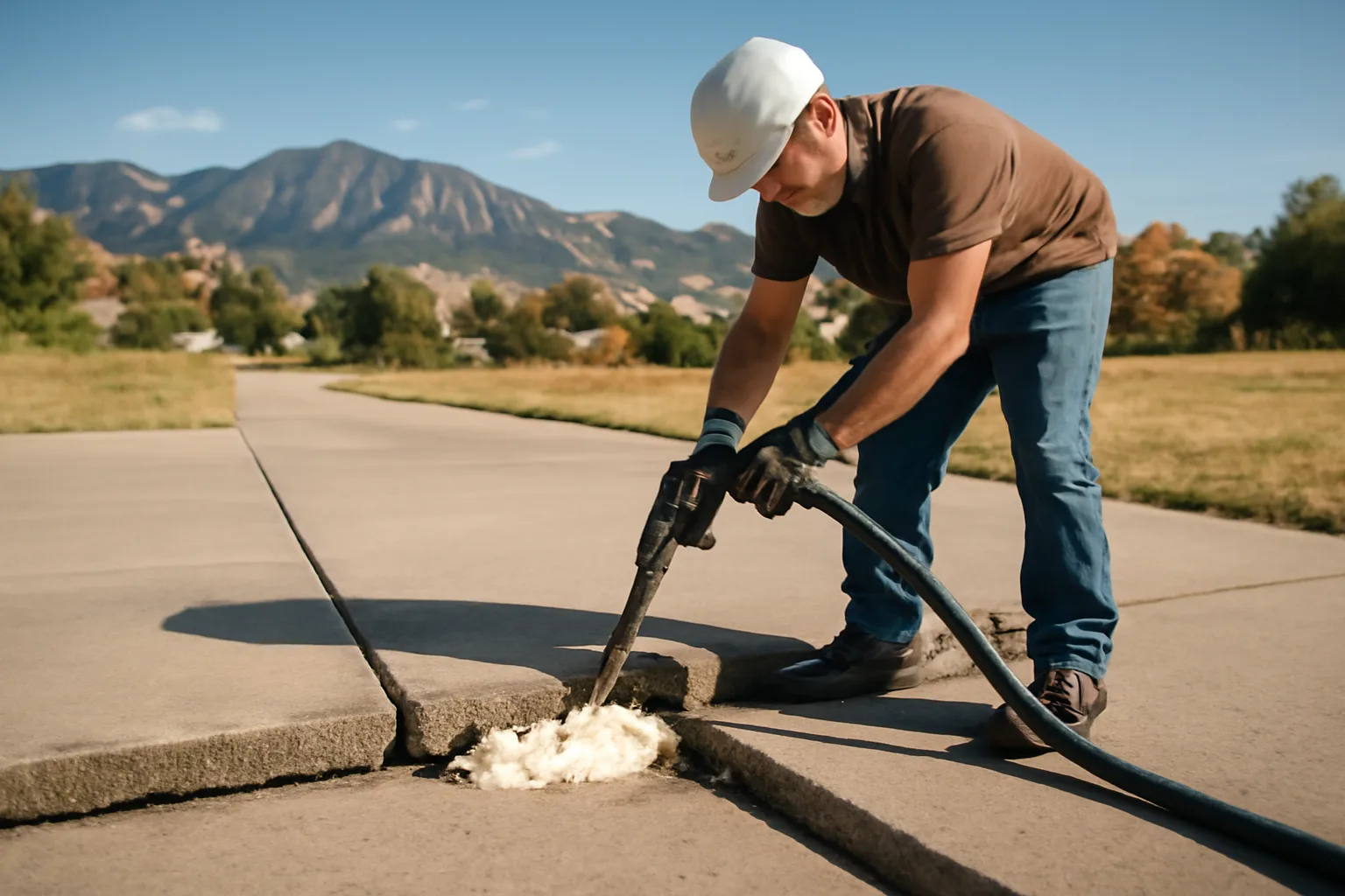 Contractor lifting a settled concrete driveway slab with foam injection in Colorado