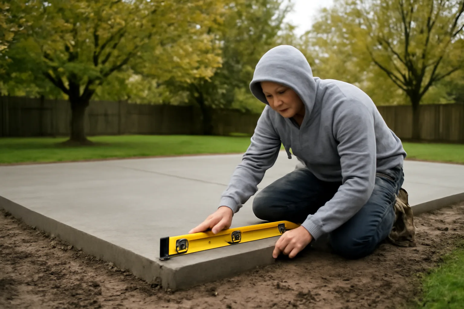 Worker kneels by a cracked patio during a slab lift