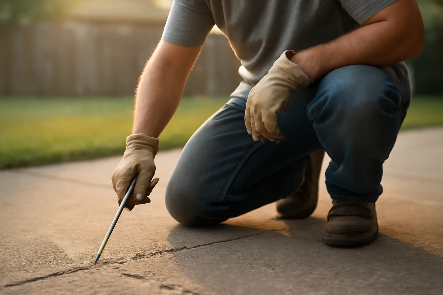 Kneeling worker injecting under a sunken residential concrete driveway slab