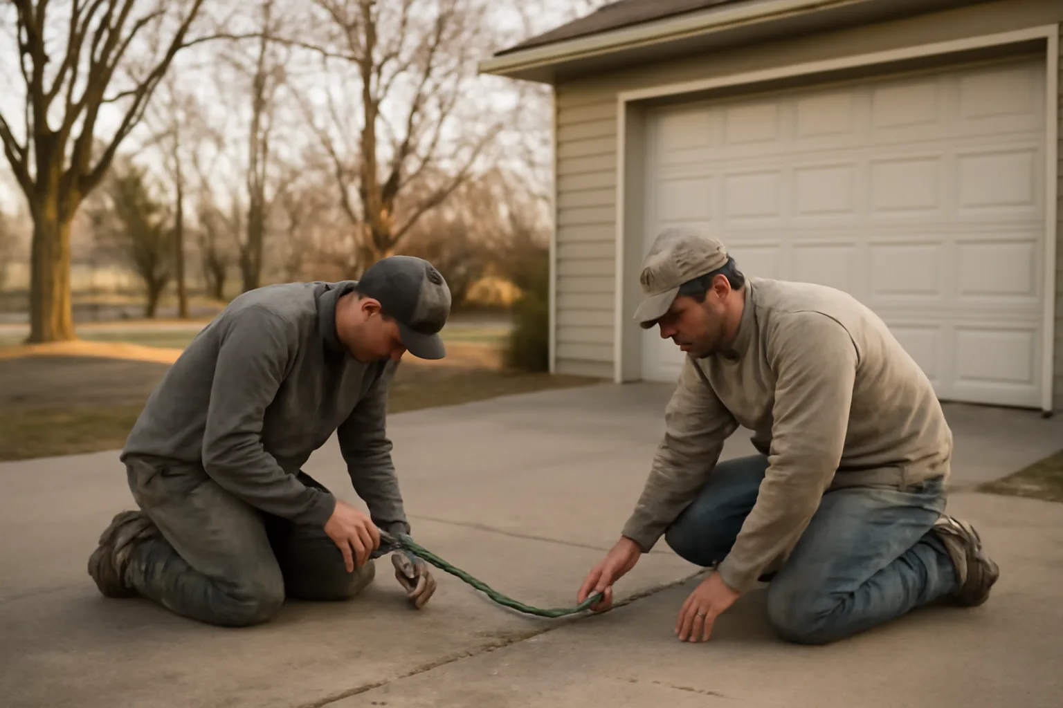 Workers lift a settled driveway slab with injection hose nearby