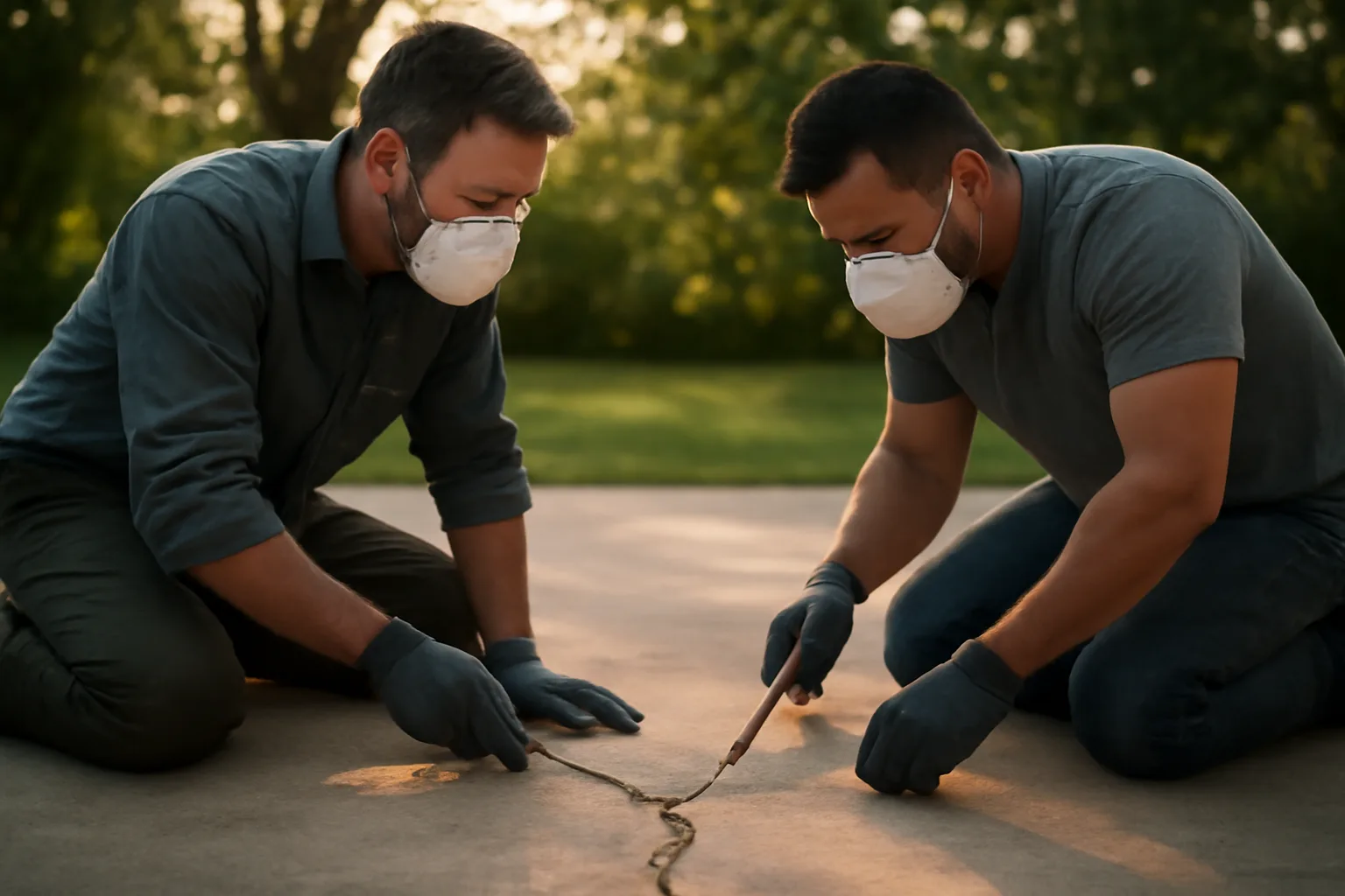 Two workers inject material under a settled concrete patio slab