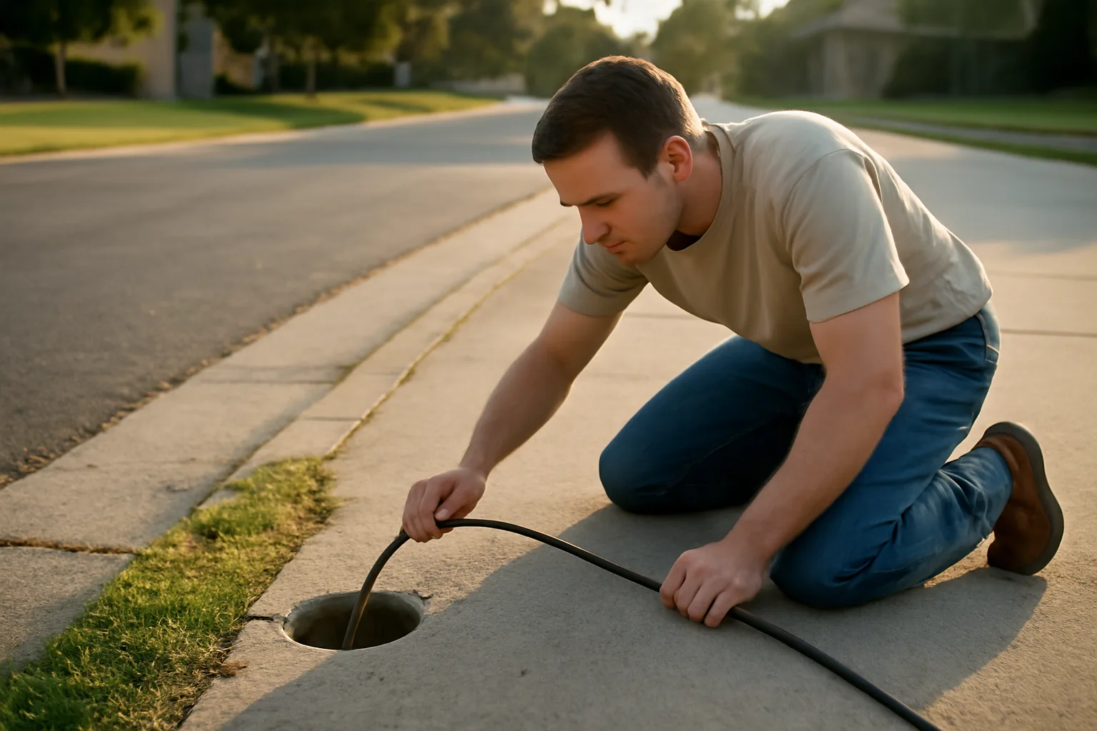 Worker kneeling beside a sunken driveway during slab lift work