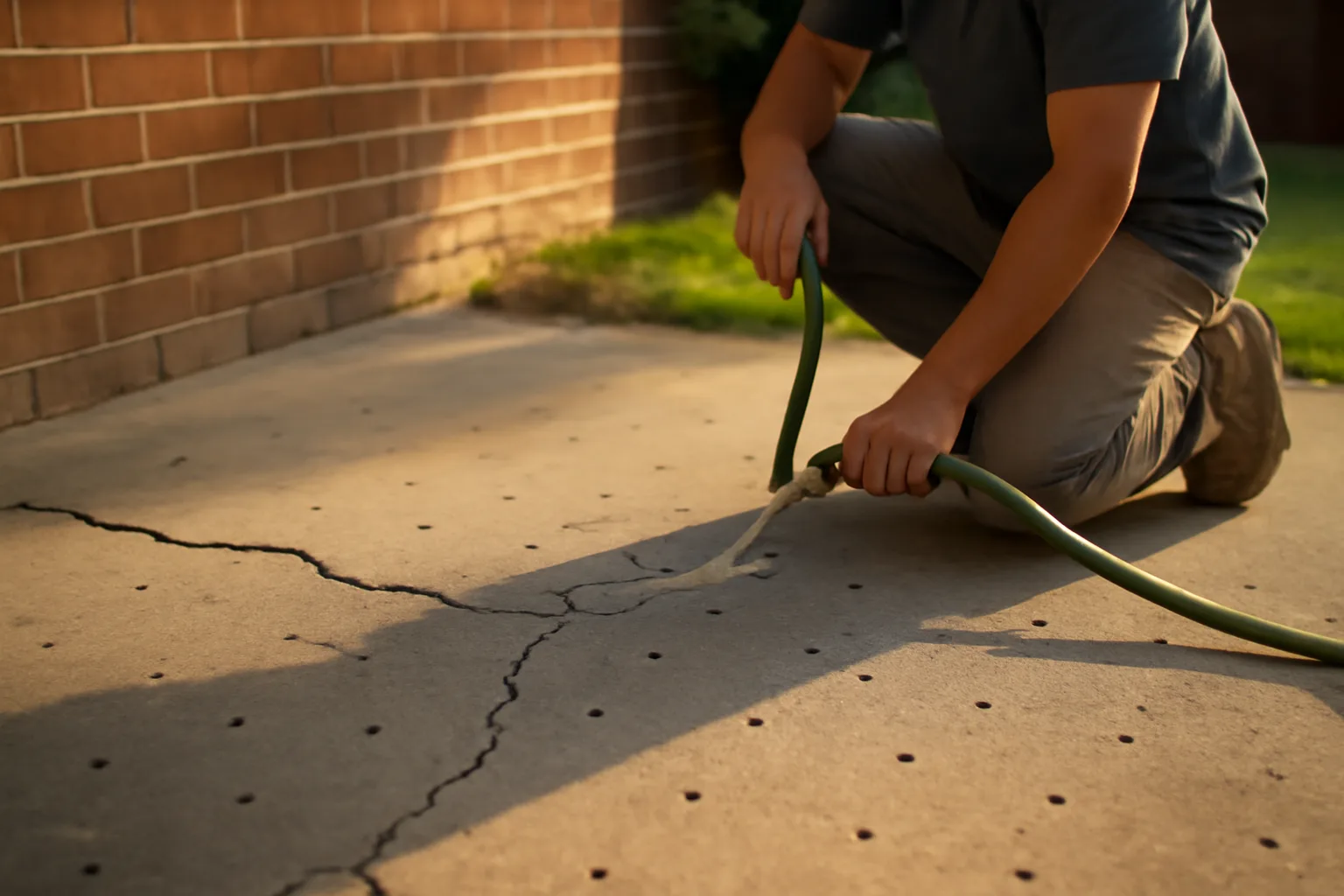 Worker performing slab lift on a cracked patio