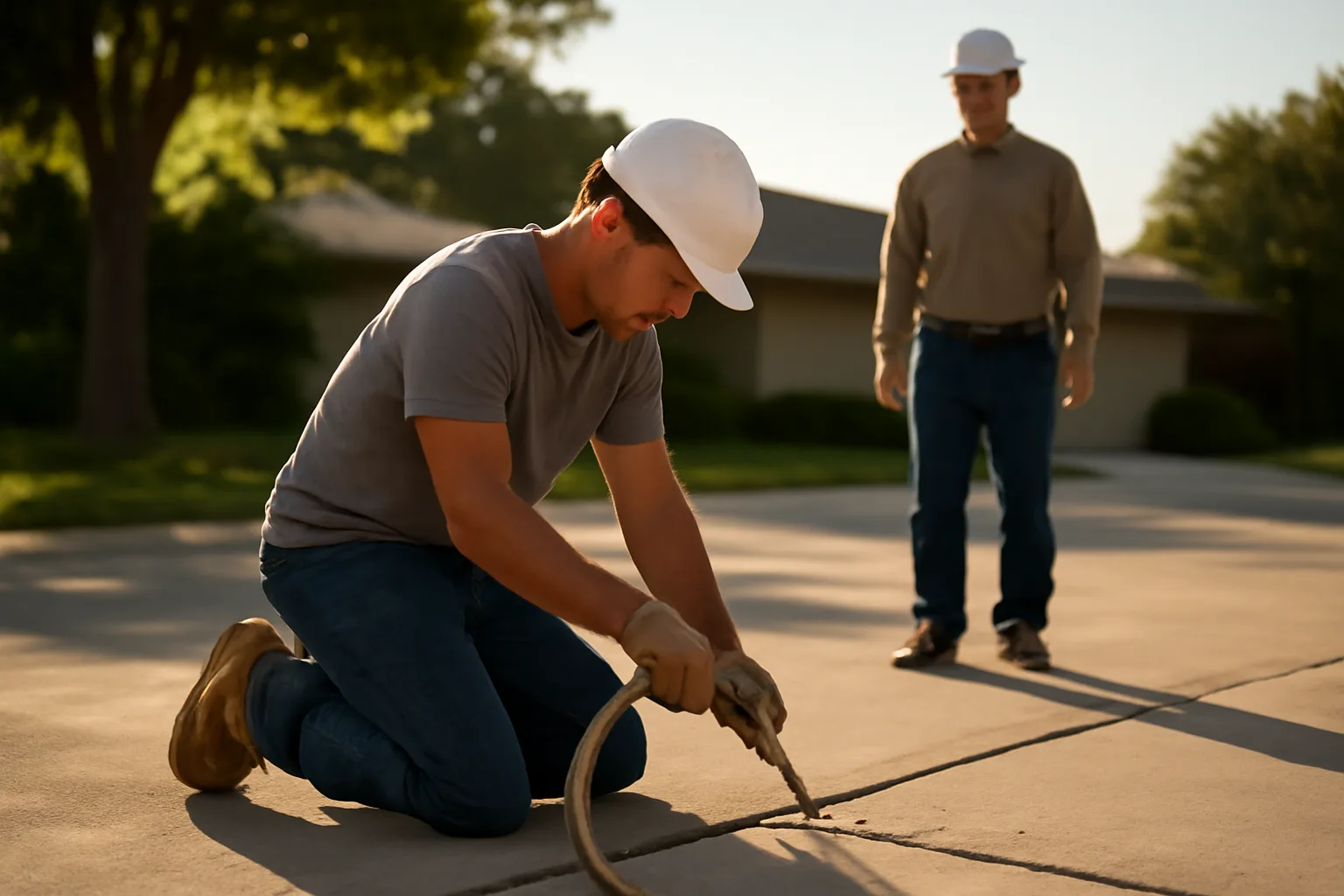 Crew performing slab lift on a settled residential driveway