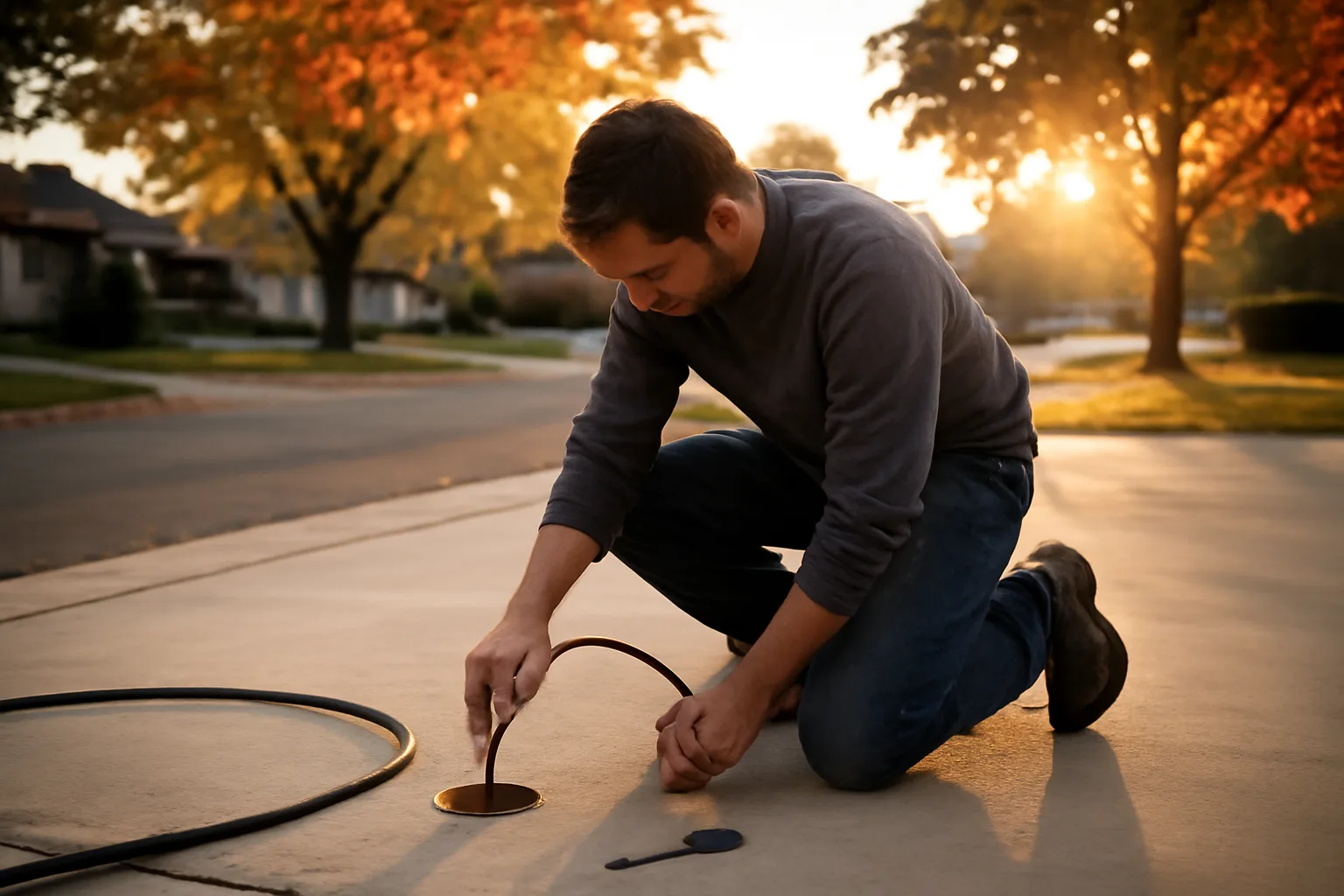 Worker lifting a settled driveway slab at sunrise