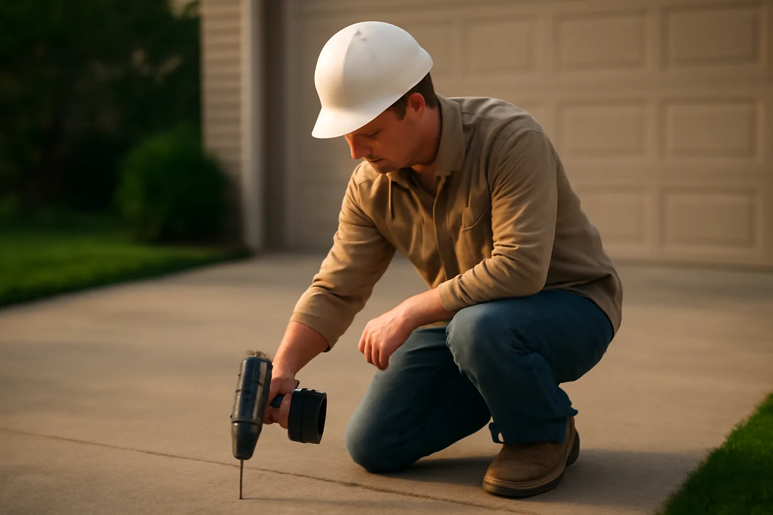 Worker drilling a sunken concrete driveway for slab lift