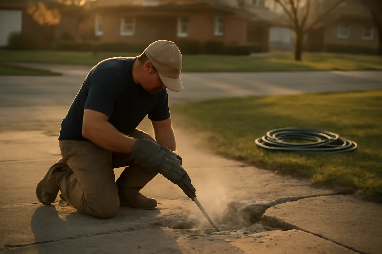 Worker drilling a sunken residential driveway slab at sunset