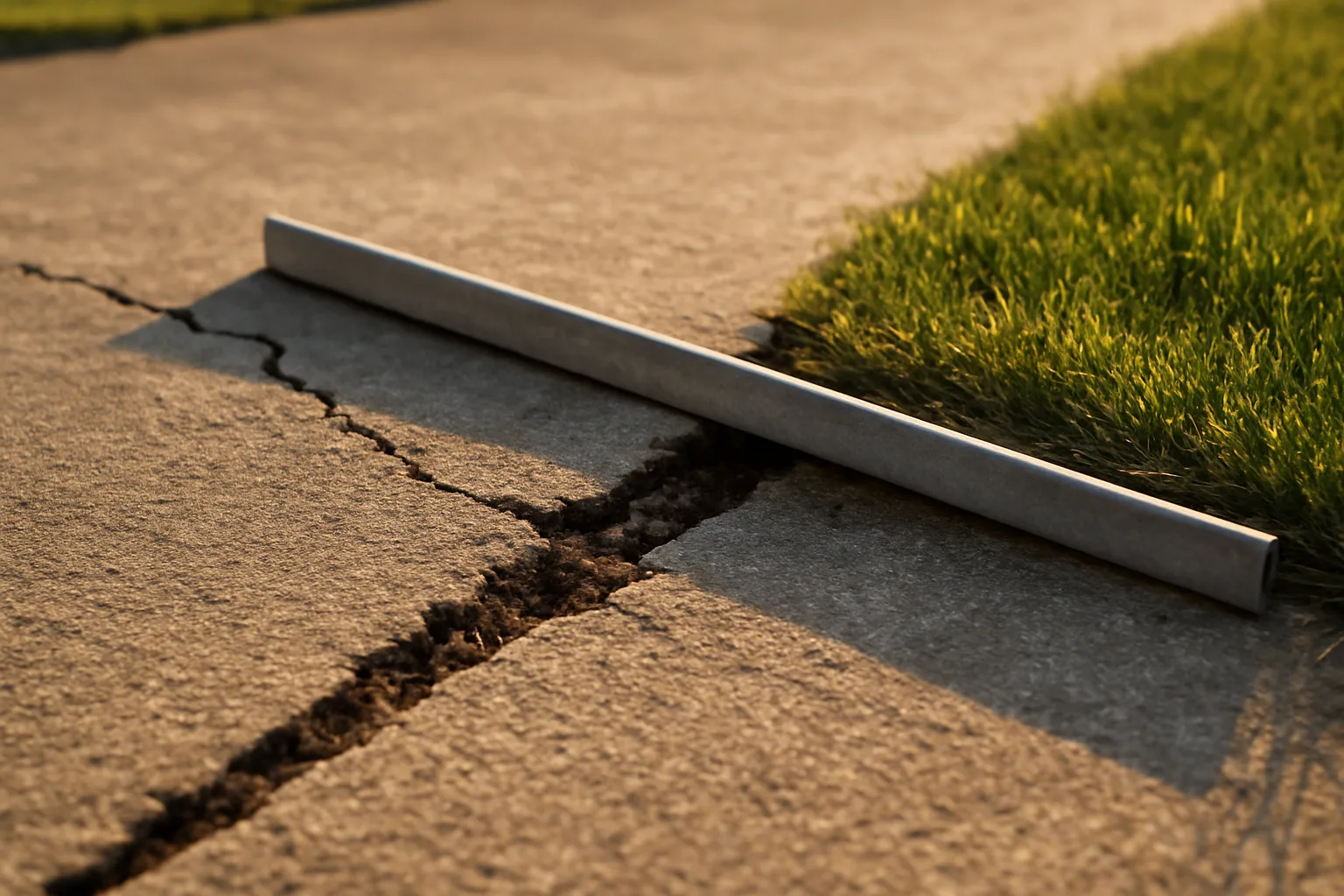 Sunken driveway slab at a grass edge before slab lift