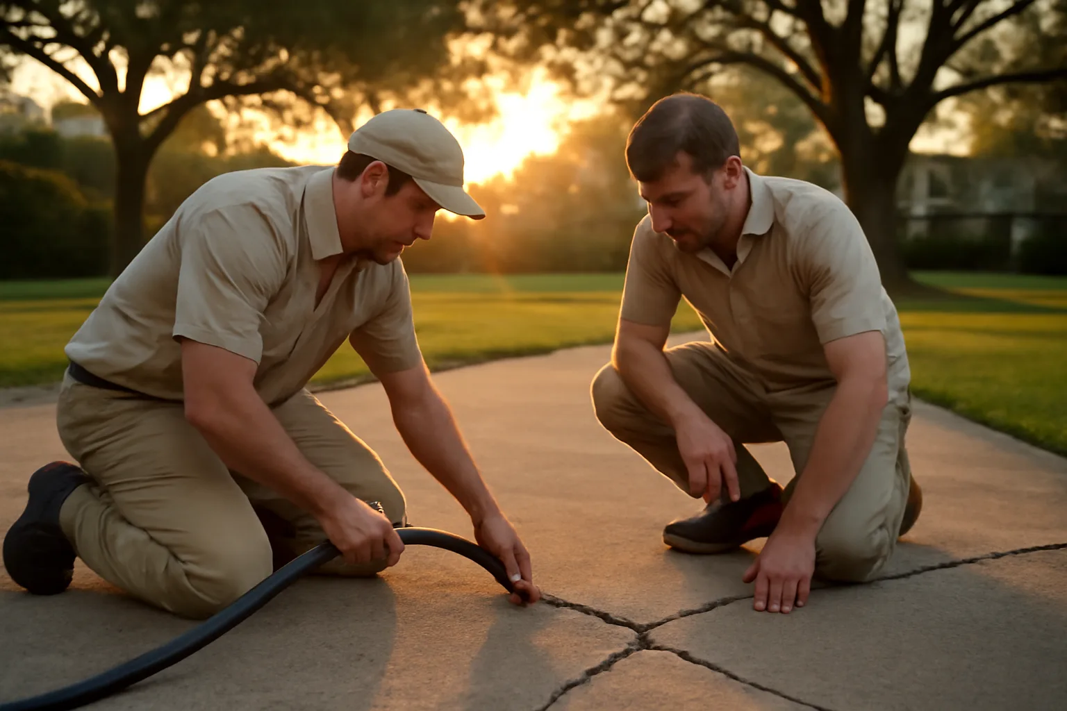 Crew performs slab lift on a cracked suburban driveway at dawn
