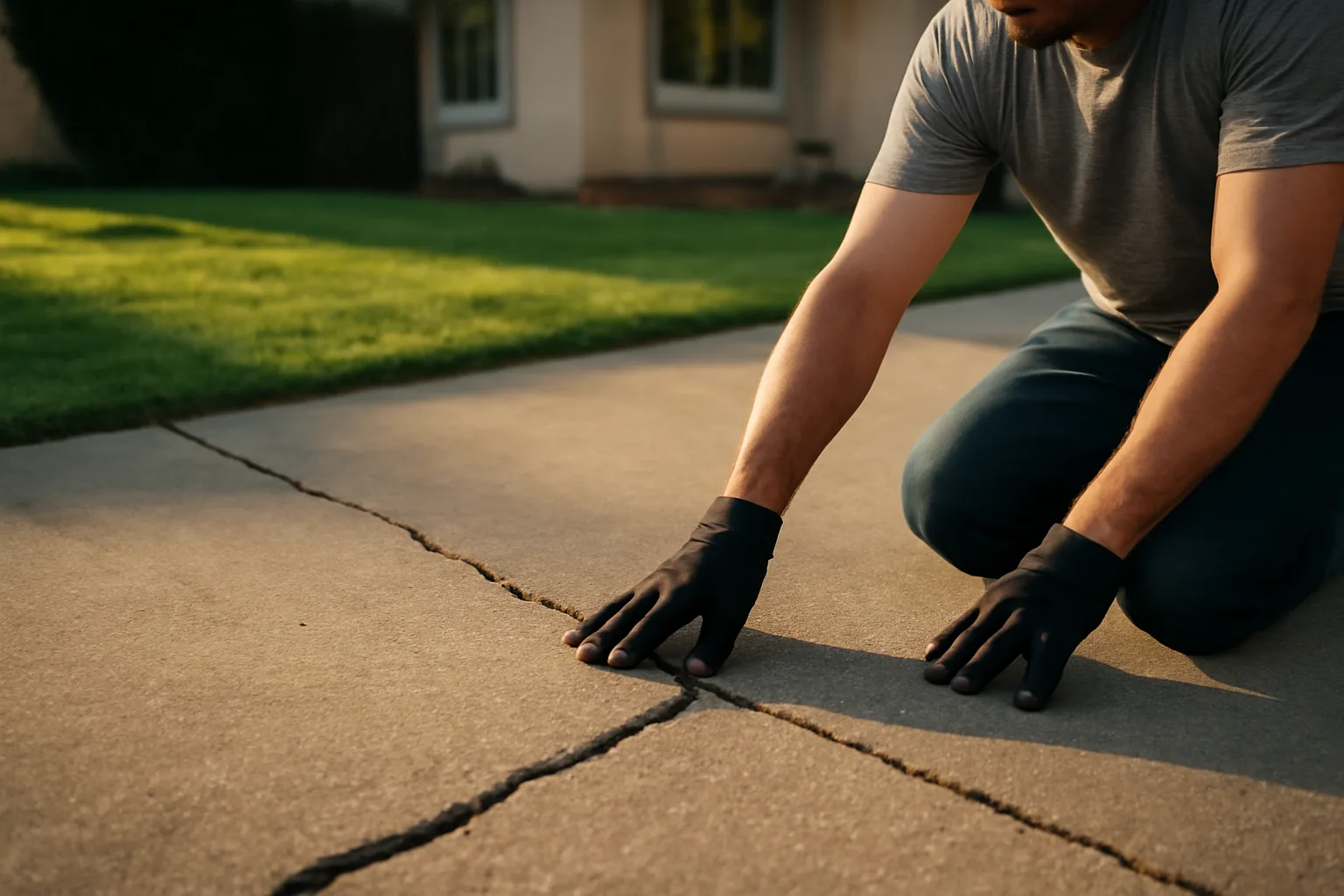 Worker kneeling on sunken concrete checking a driveway slab lift