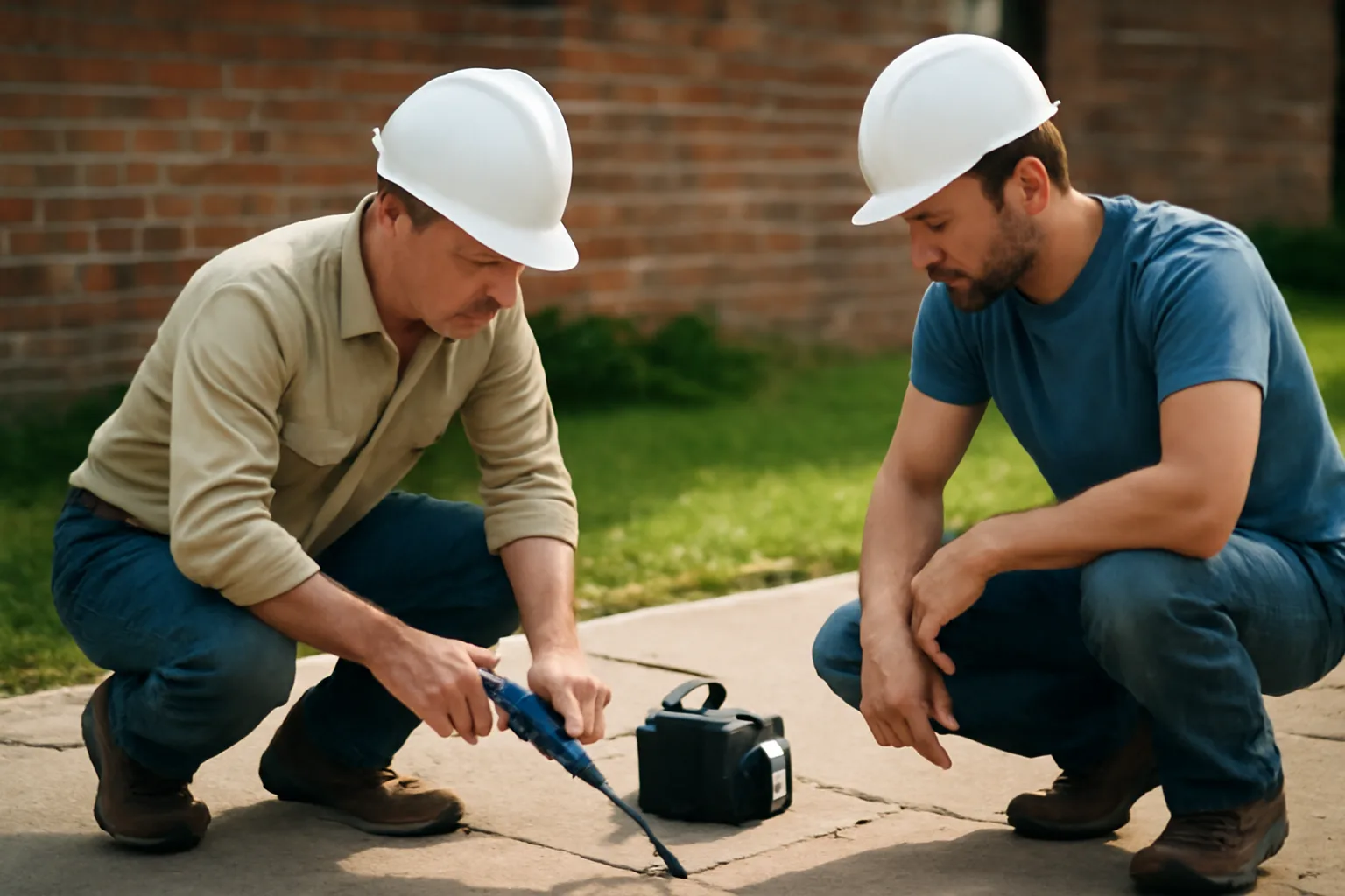 Workers perform slab lift injection on a cracked driveway