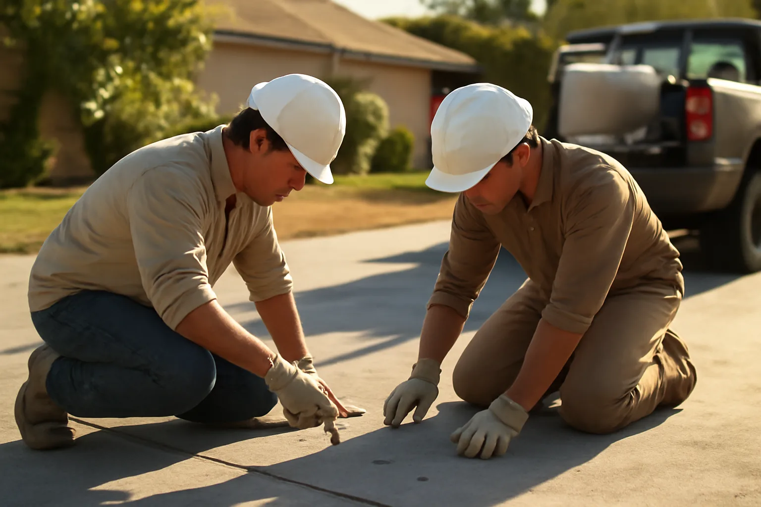 Two workers lift a settled driveway slab with injection hoses