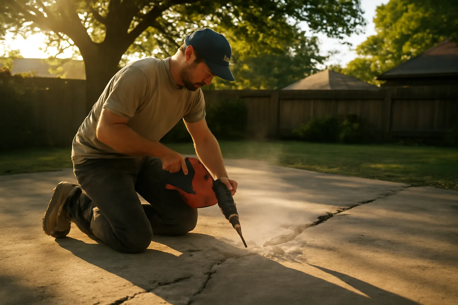Worker drilling a sunken backyard patio for slab lift