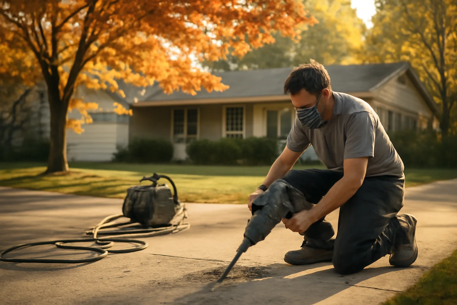 Worker drilling a sunken driveway slab during slab lift work