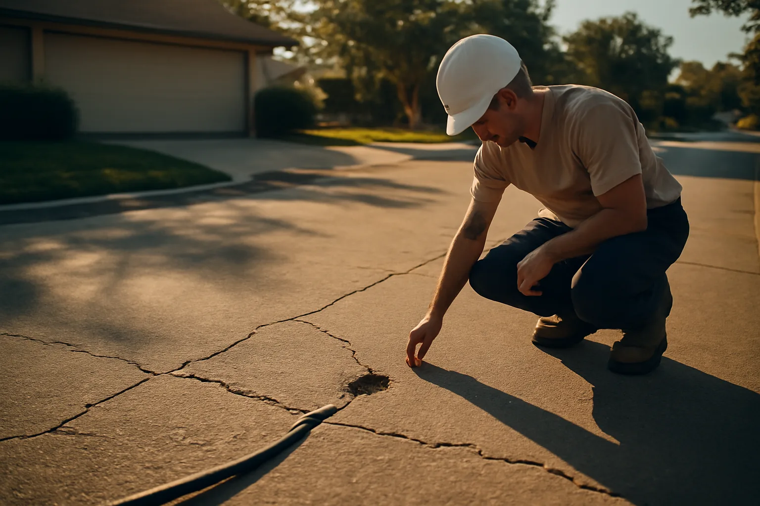 Worker kneeling by a drilled concrete driveway during a slab lift