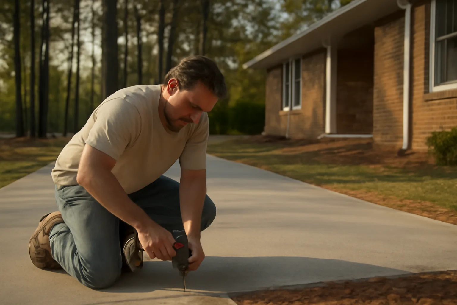 Worker drills a sunken concrete driveway slab for lift work in Alabama