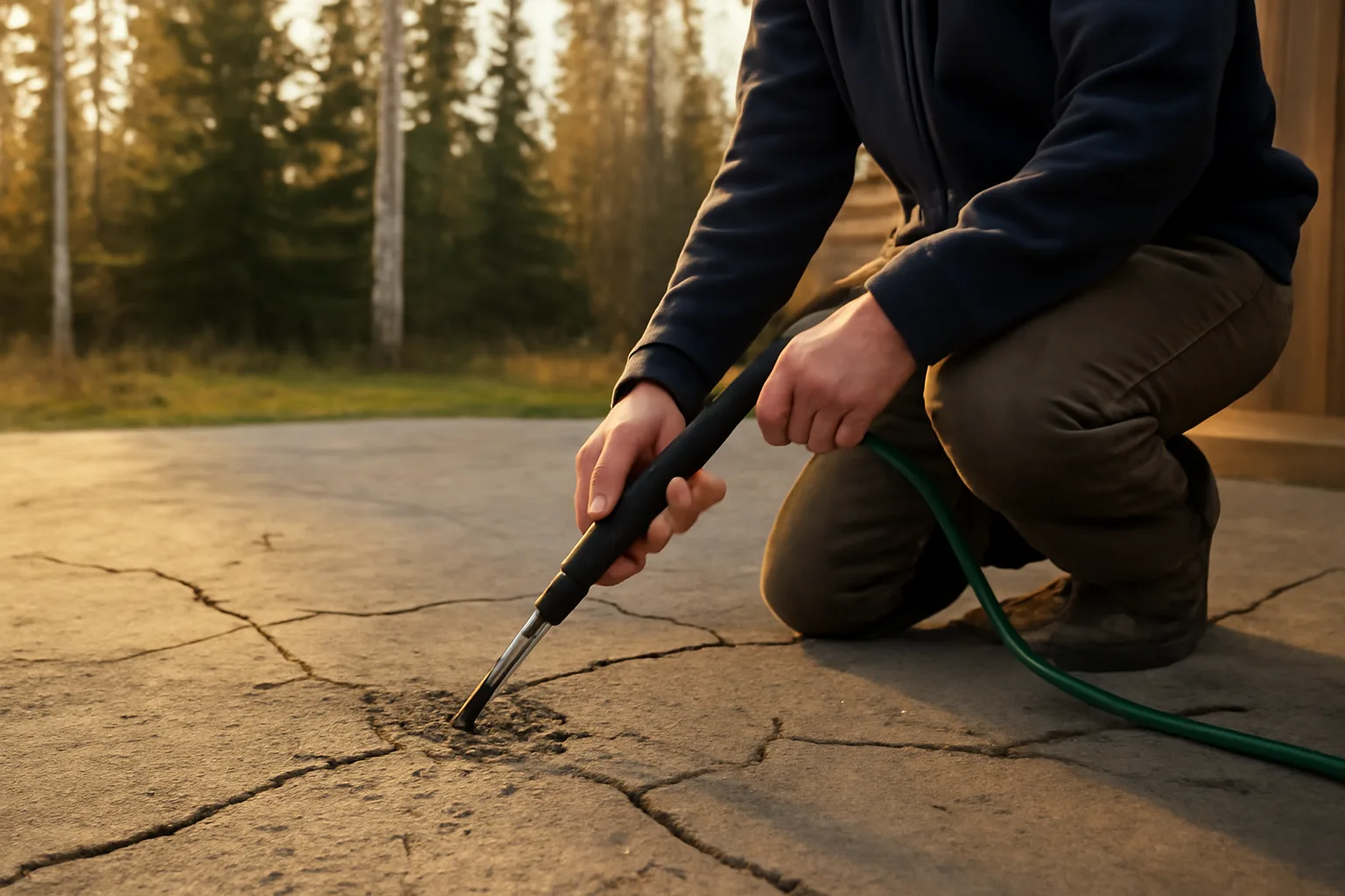 Worker performing slab lift on a cracked Alaska patio