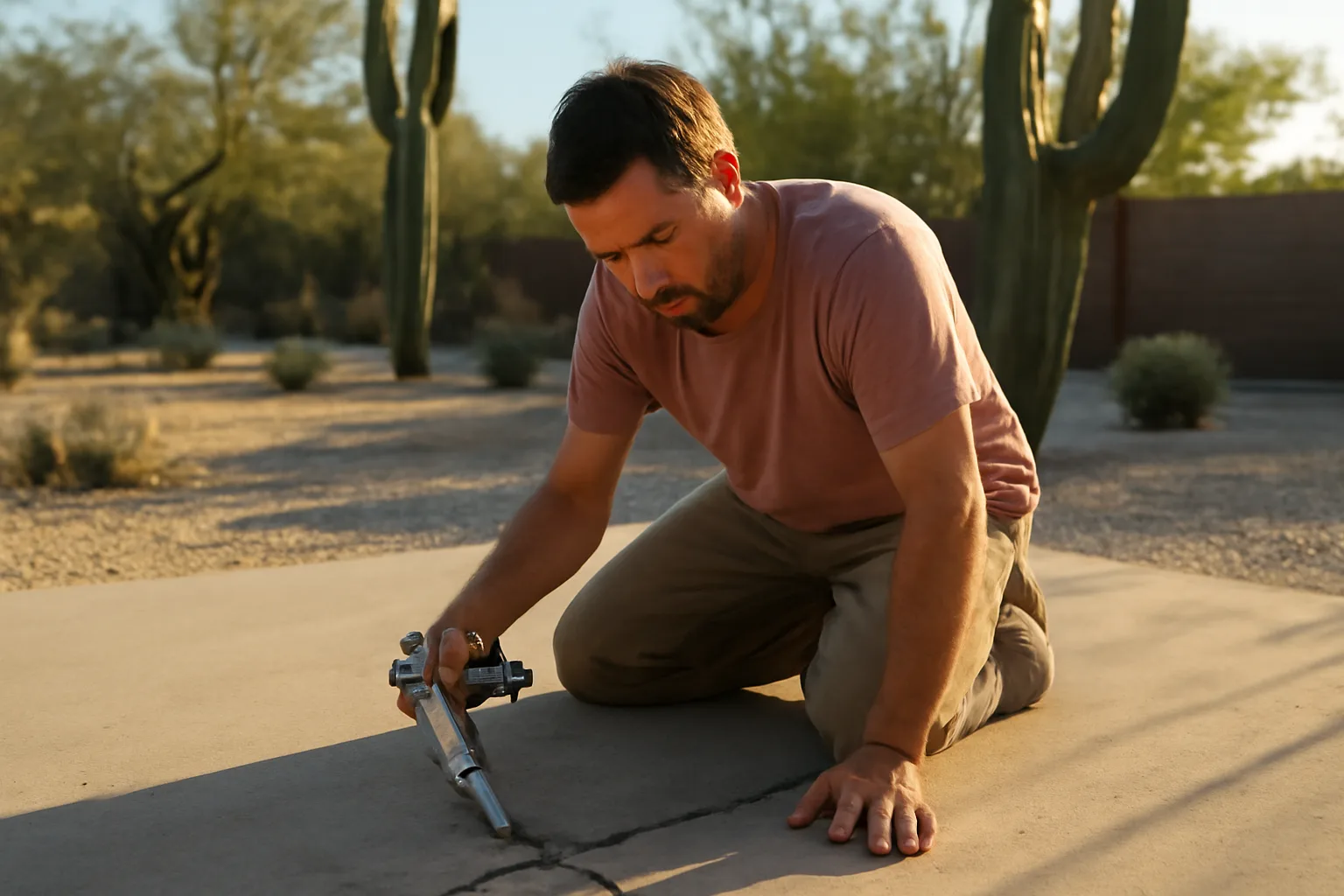Worker lifting a cracked Tucson patio slab in late sun