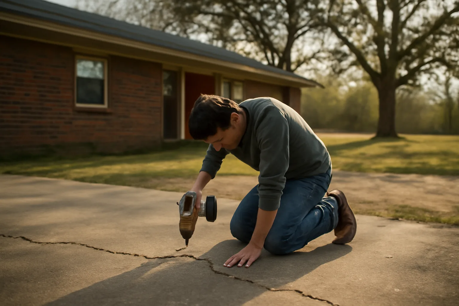 Worker drilling a residential slab for slab lift in Arkansas