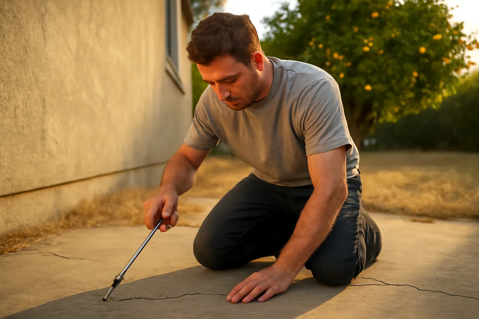 Worker lifting a cracked California driveway slab with foam