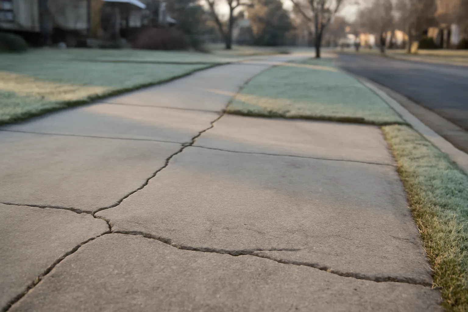 Settled concrete driveway slabs with cracks in a Denver residential neighborhood