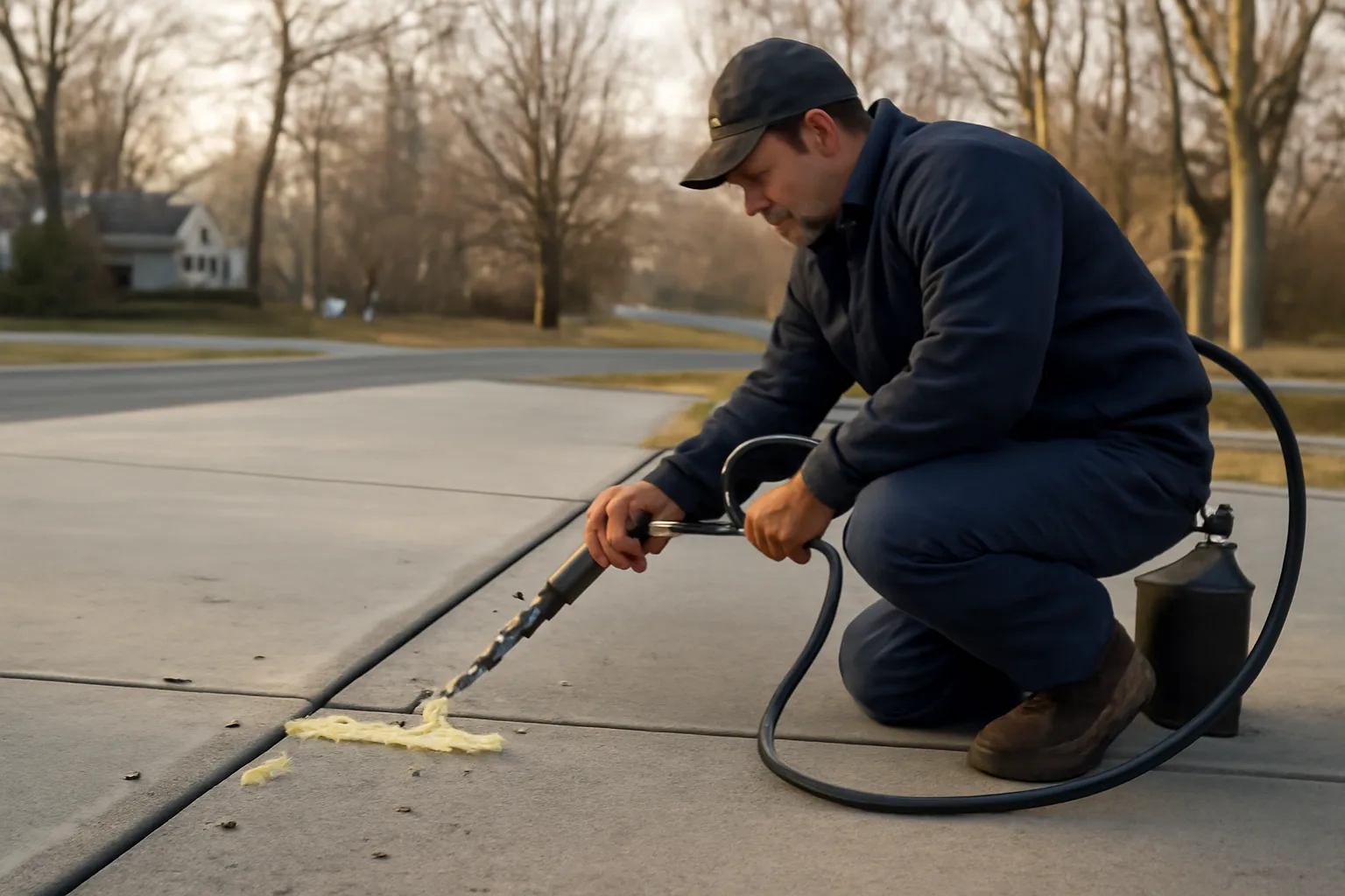 Technician performing polyurethane slab lift on settled concrete driveway panels