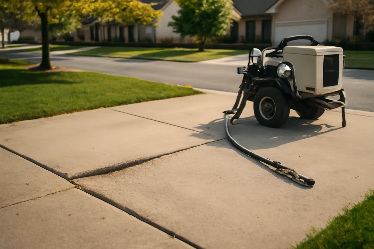 Sunken concrete driveway panels beside a slab lift rig in a Delaware suburb