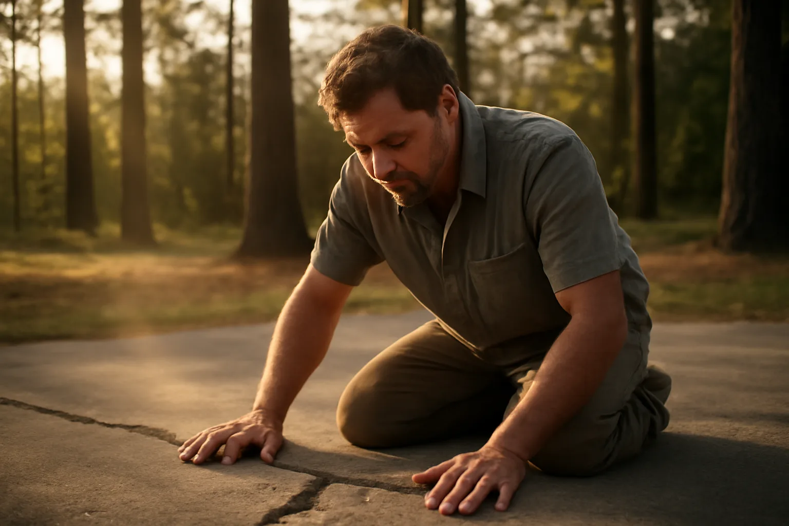 Kneeling worker checks a sunken Alabama driveway slab in pine shade