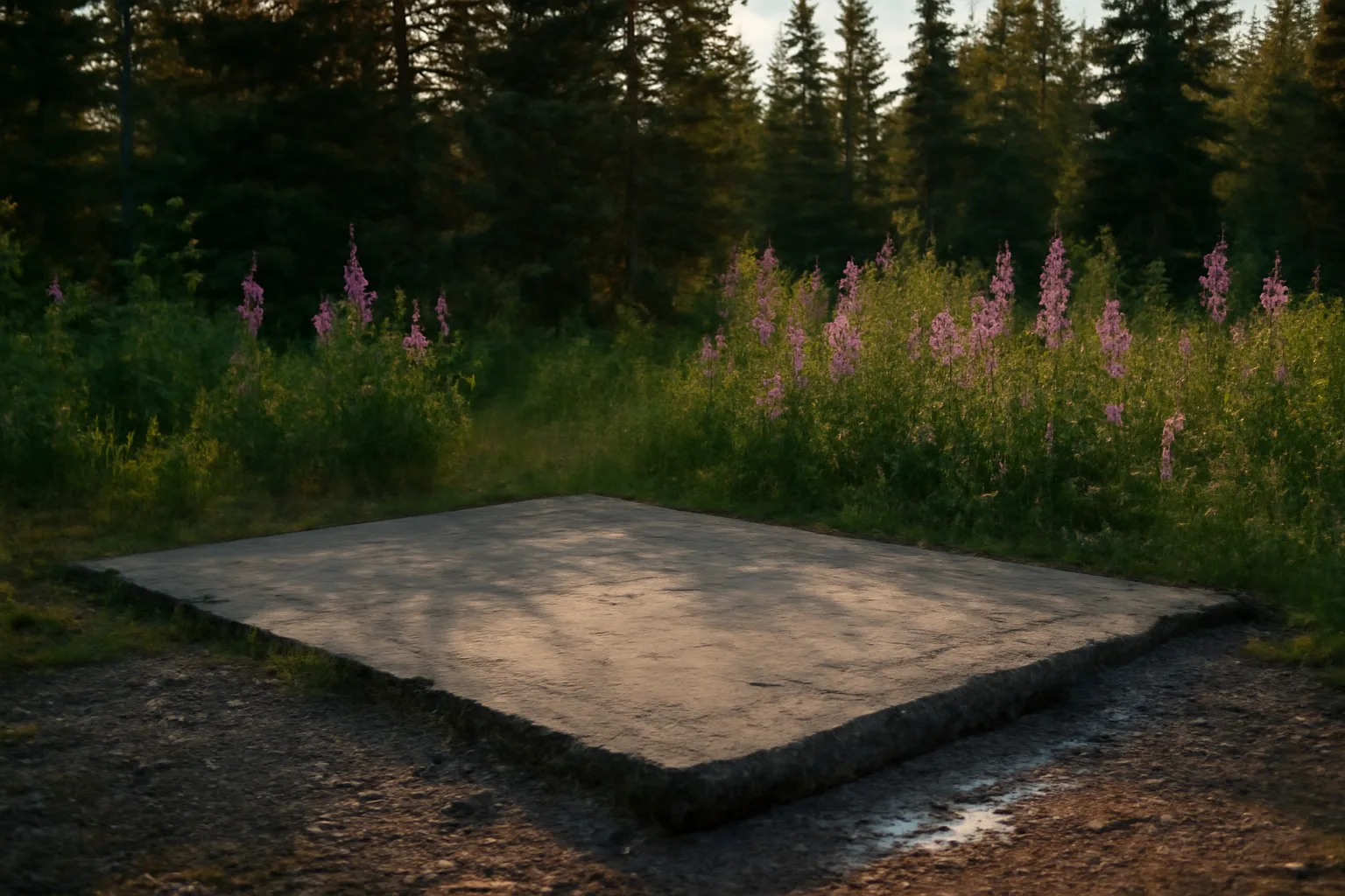Uneven concrete patio beside spruce trees near Anchorage at sunset