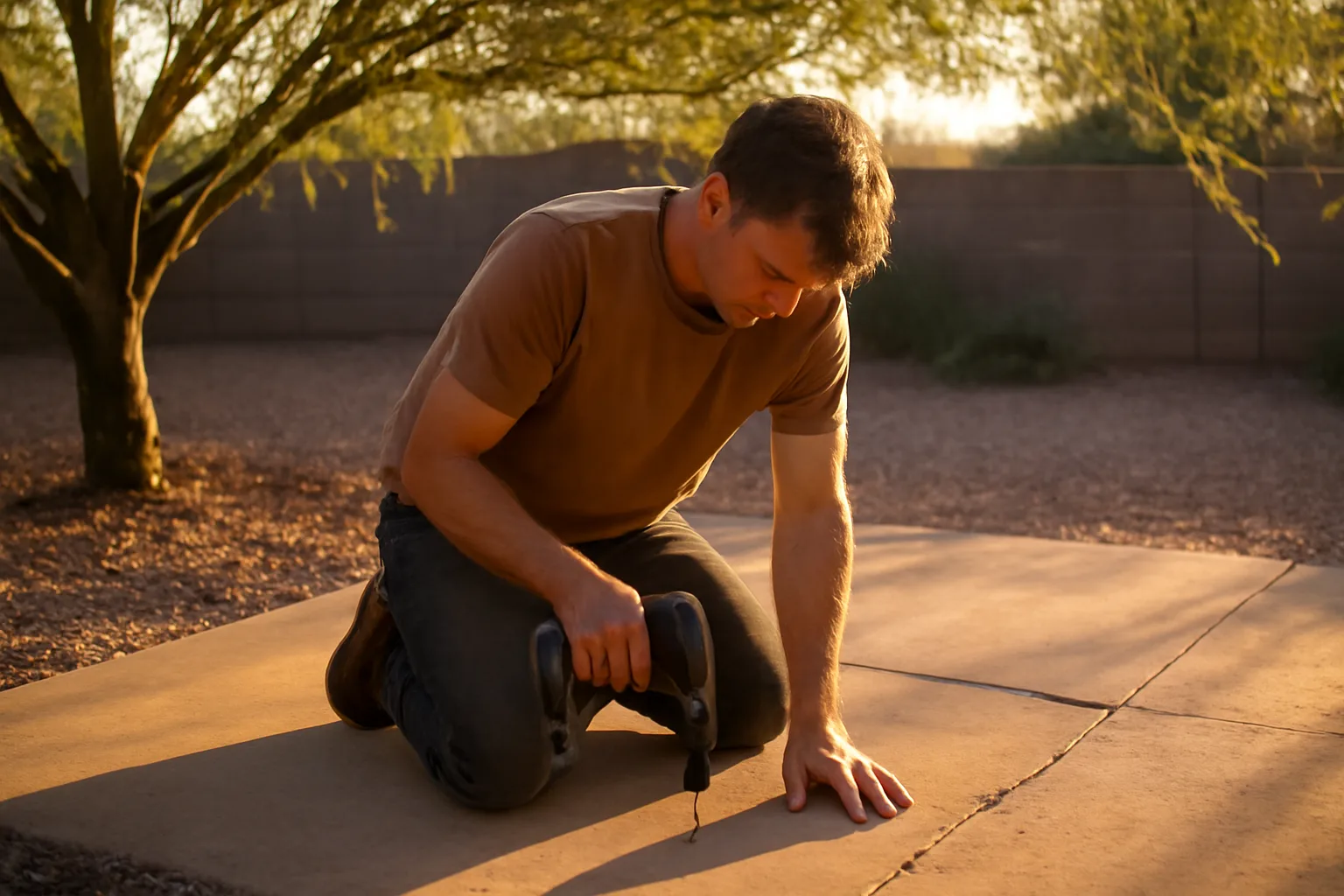 Worker drilling a cracked Phoenix patio slab for a lift