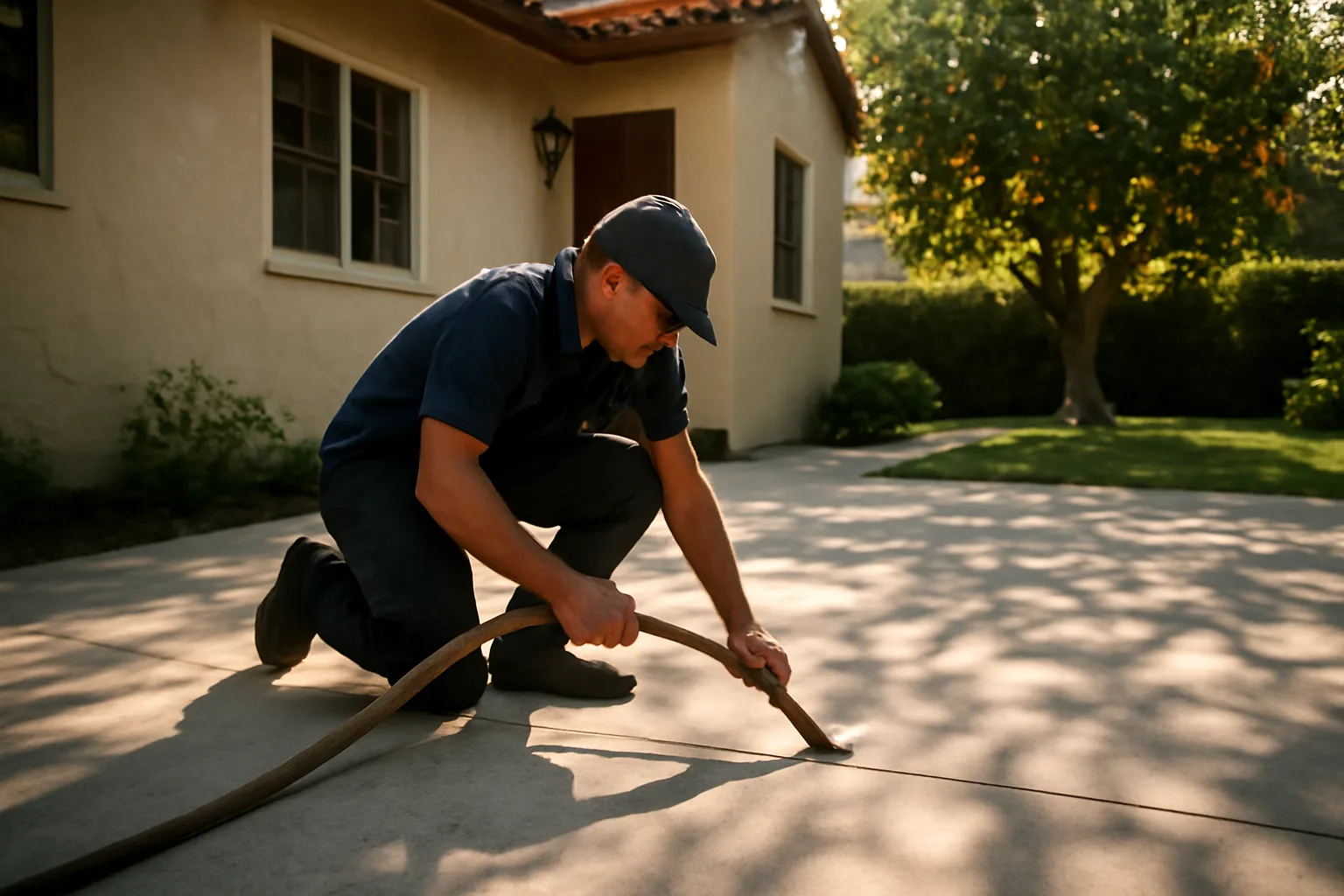 Worker lifting a sunken concrete slab on a California driveway