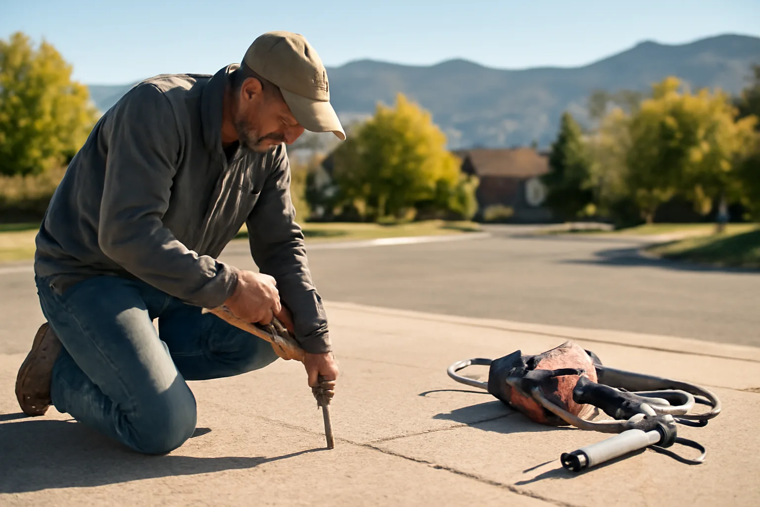 Contractor drilling injection port into settled concrete driveway with Colorado foothills in background