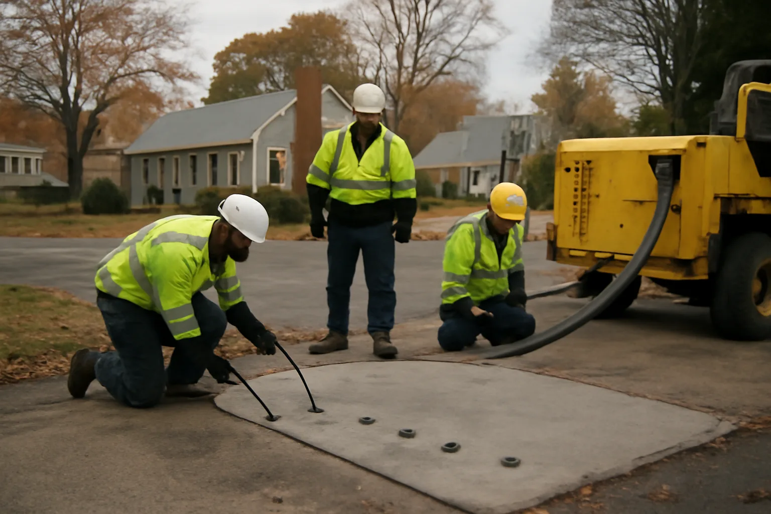 Concrete lifting crew drilling injection ports into a settled residential driveway in Connecticut