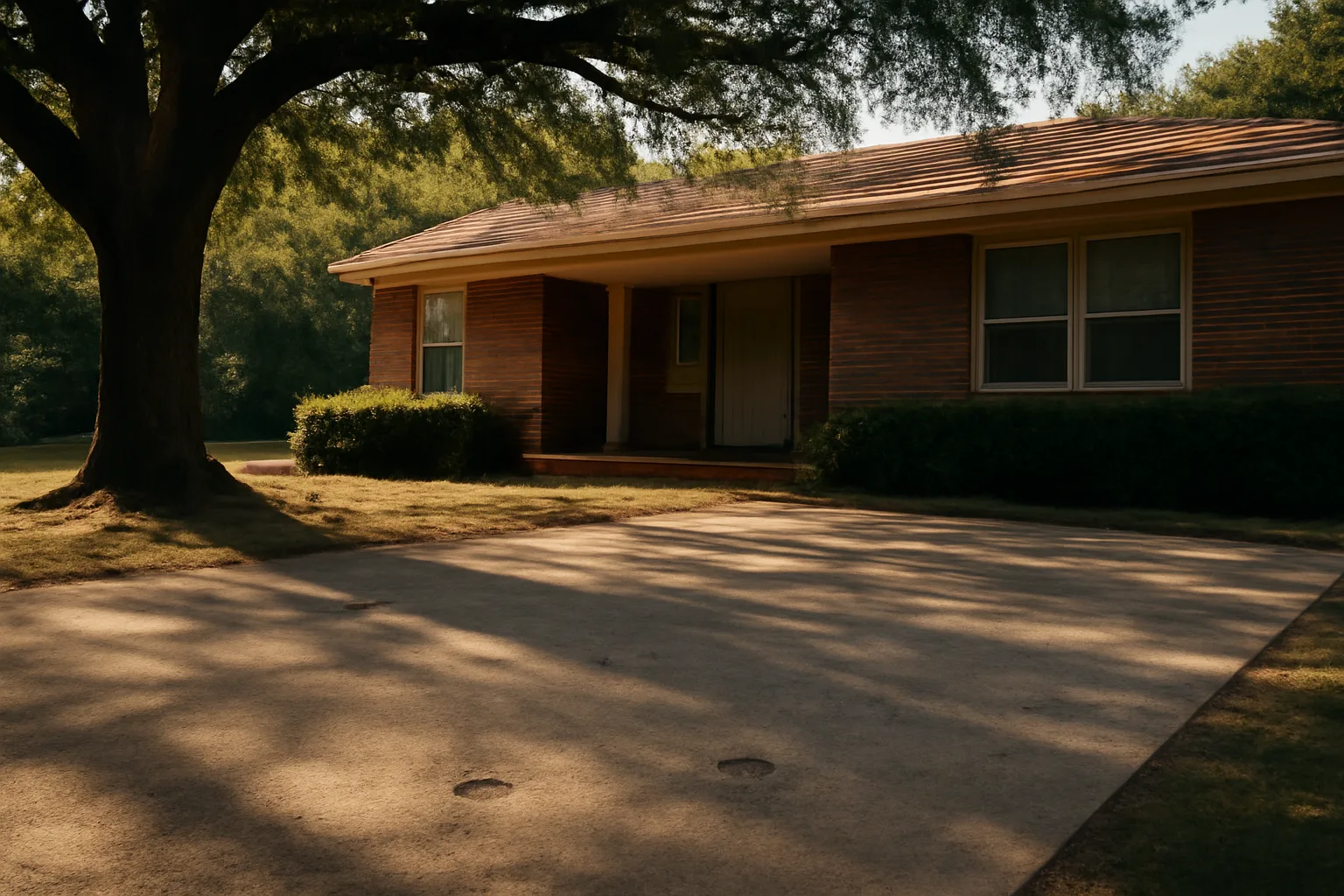 Settled concrete driveway with drill ports at an Alabama ranch house