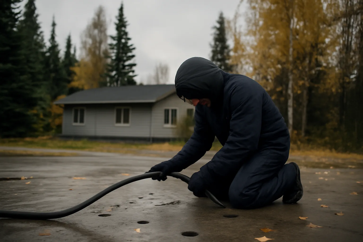 Worker lifting a sunken Alaska driveway slab on an overcast day