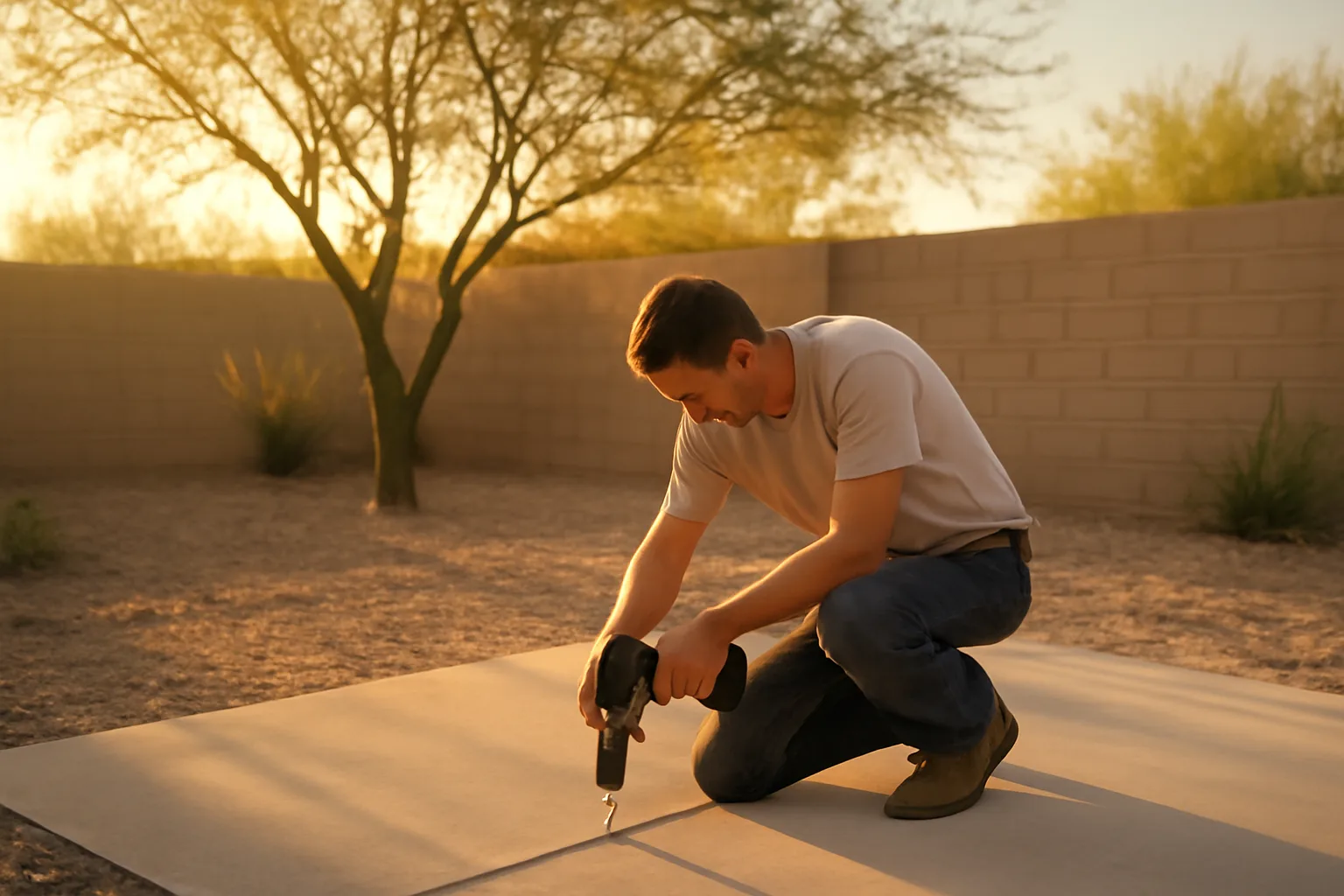 Worker drilling a settled Arizona slab lift job at dawn