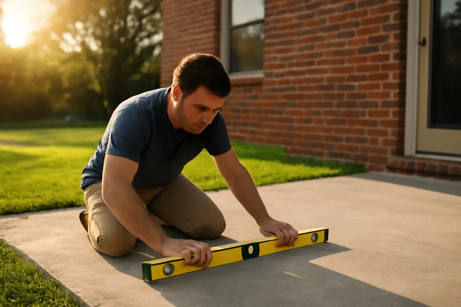 Worker checking a settled Arkansas patio slab before lifting