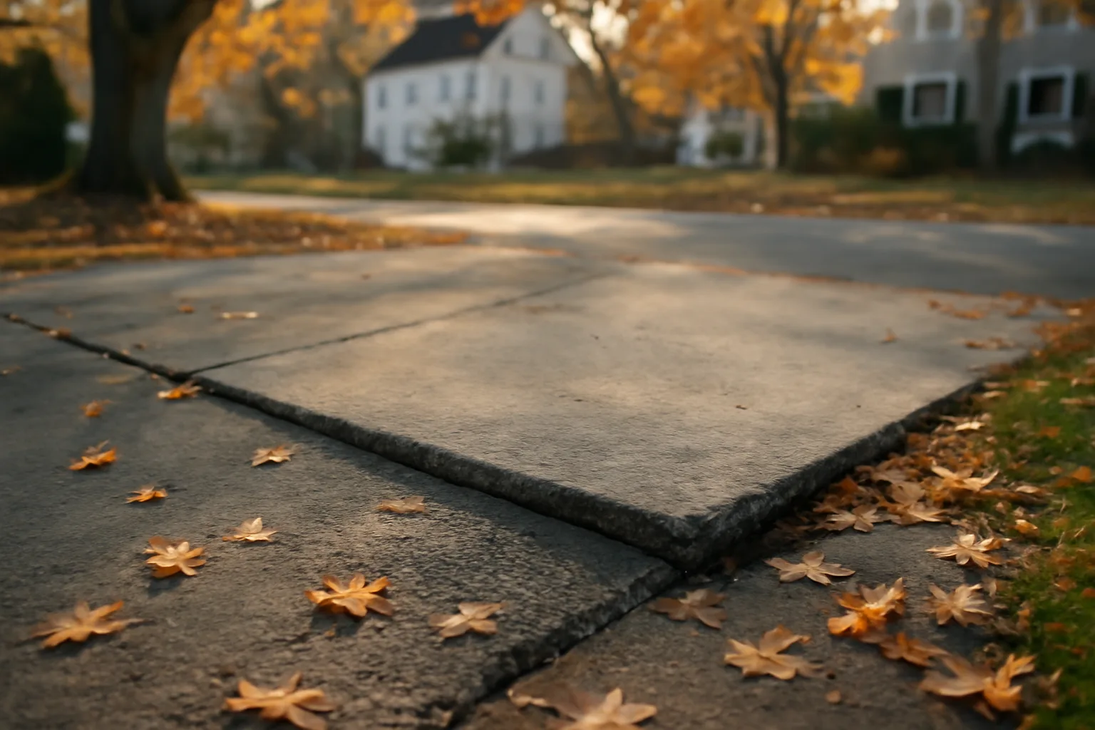 Freshly lifted concrete driveway apron in a Connecticut residential neighborhood in autumn