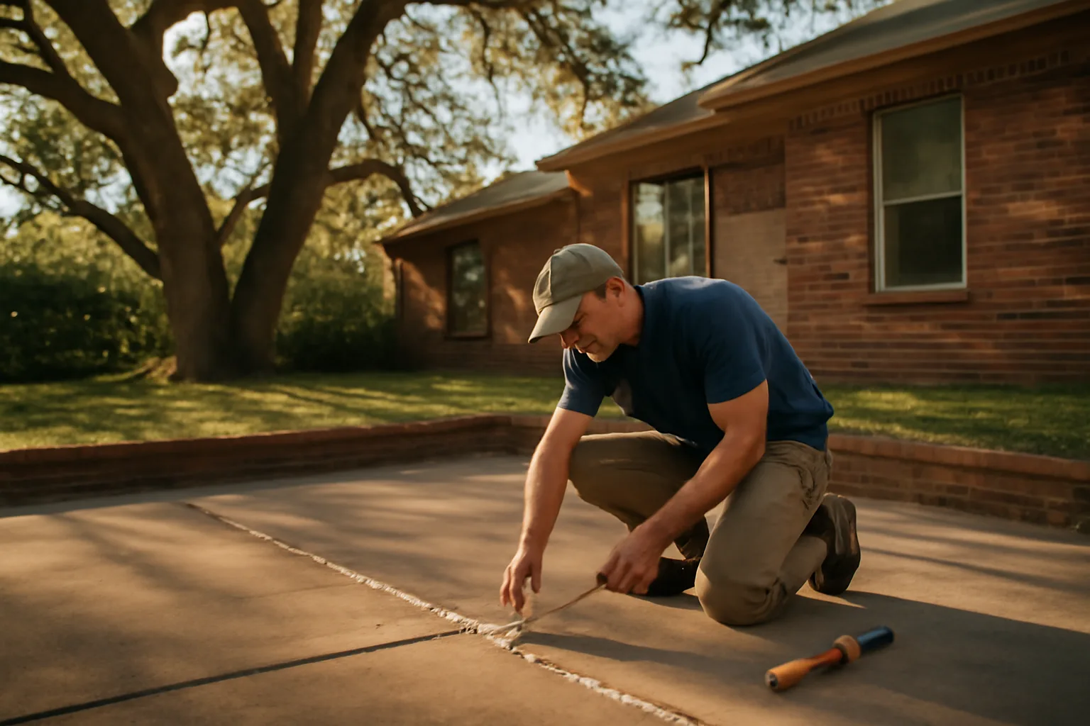 Worker injecting foam to lift a sunken Alabama patio slab