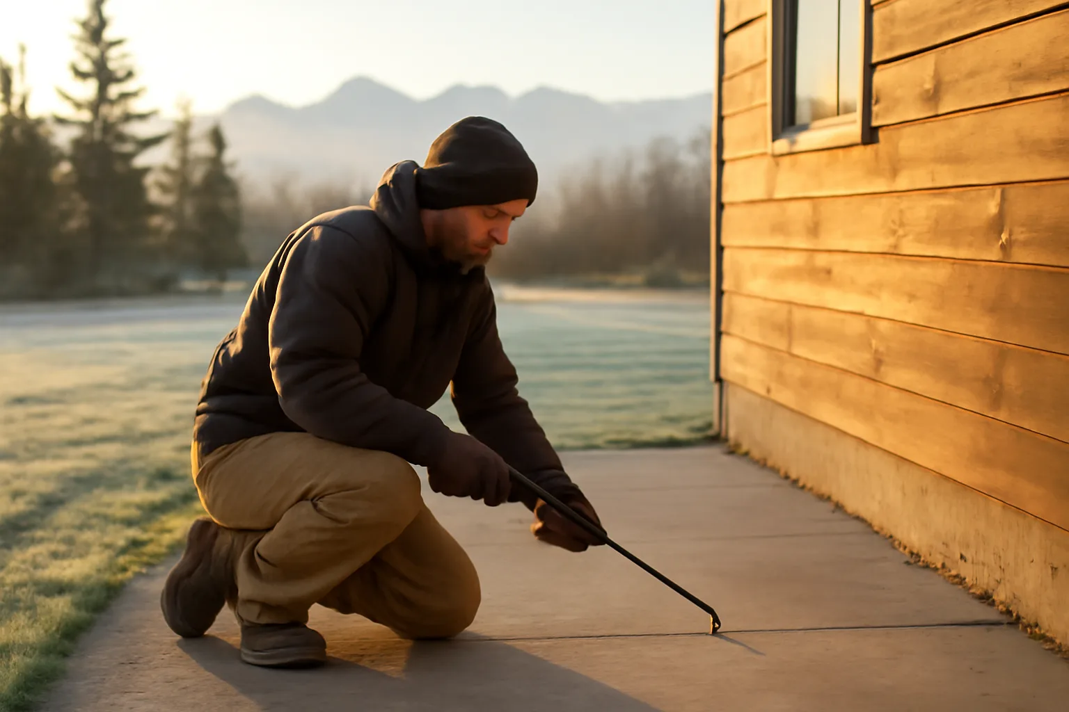Worker lifts a settled concrete patio slab on a frosty Alaska morning