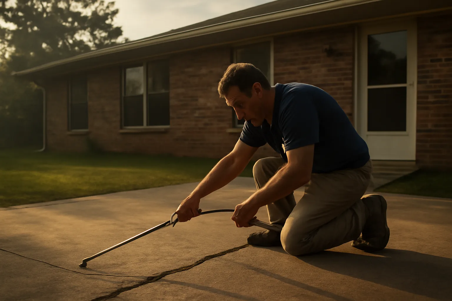 Worker injecting foam under a sunken residential slab in Arkansas