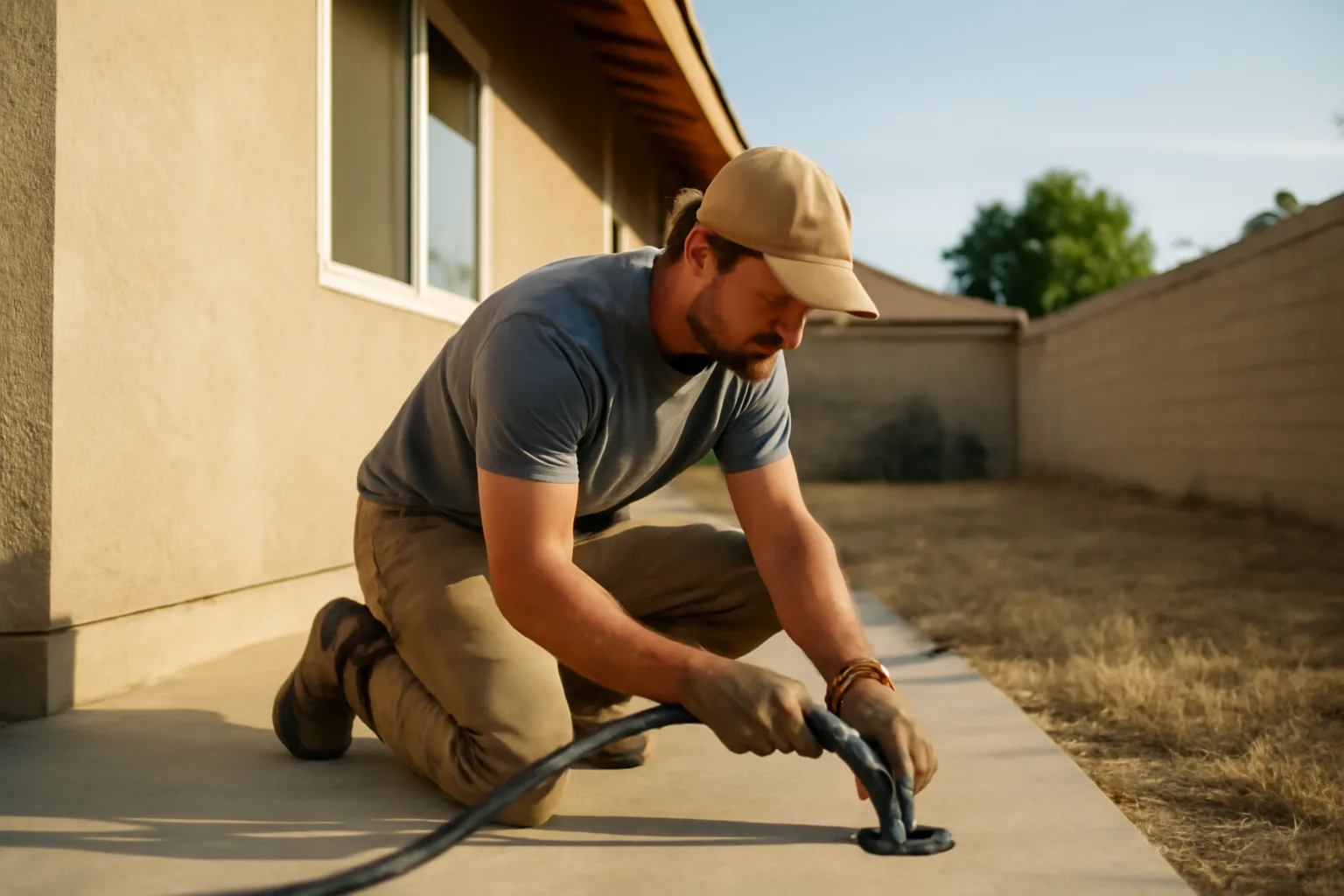 Worker lifting a cracked California patio slab in afternoon light