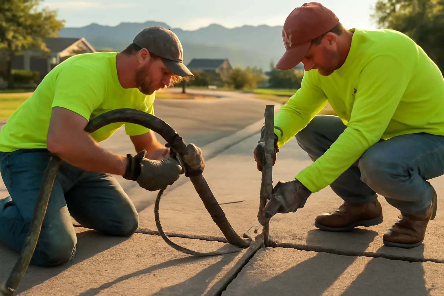 Worker injecting material beneath a sunken concrete slab on a Colorado driveway