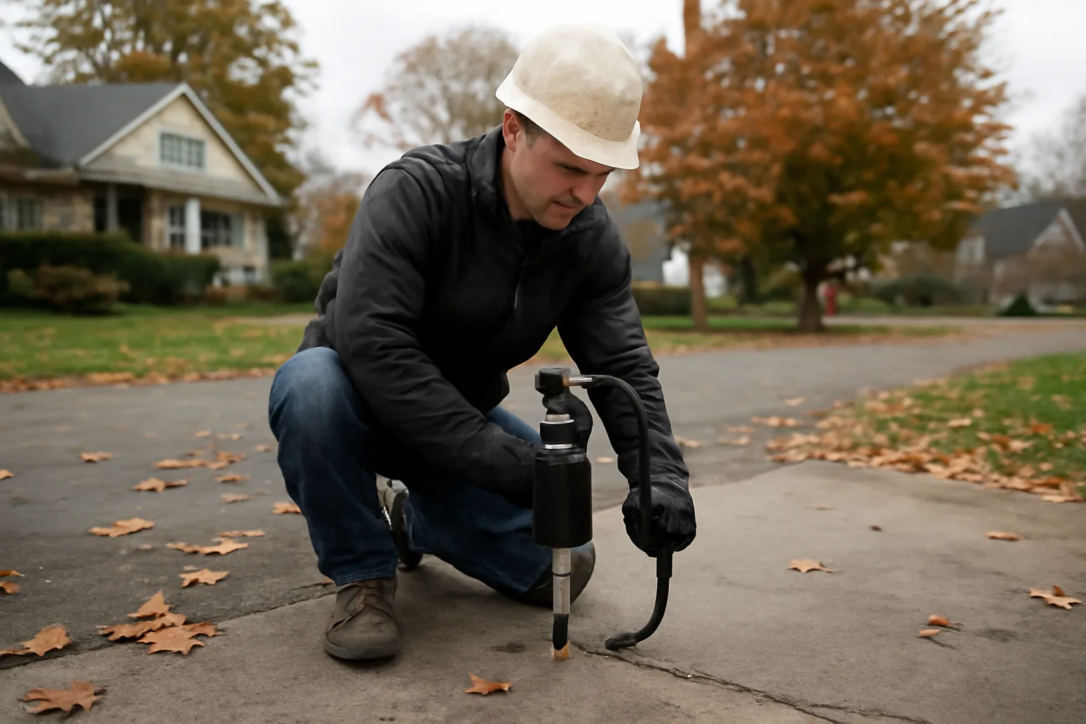Contractor drilling injection hole in settled concrete driveway slab in Connecticut suburb