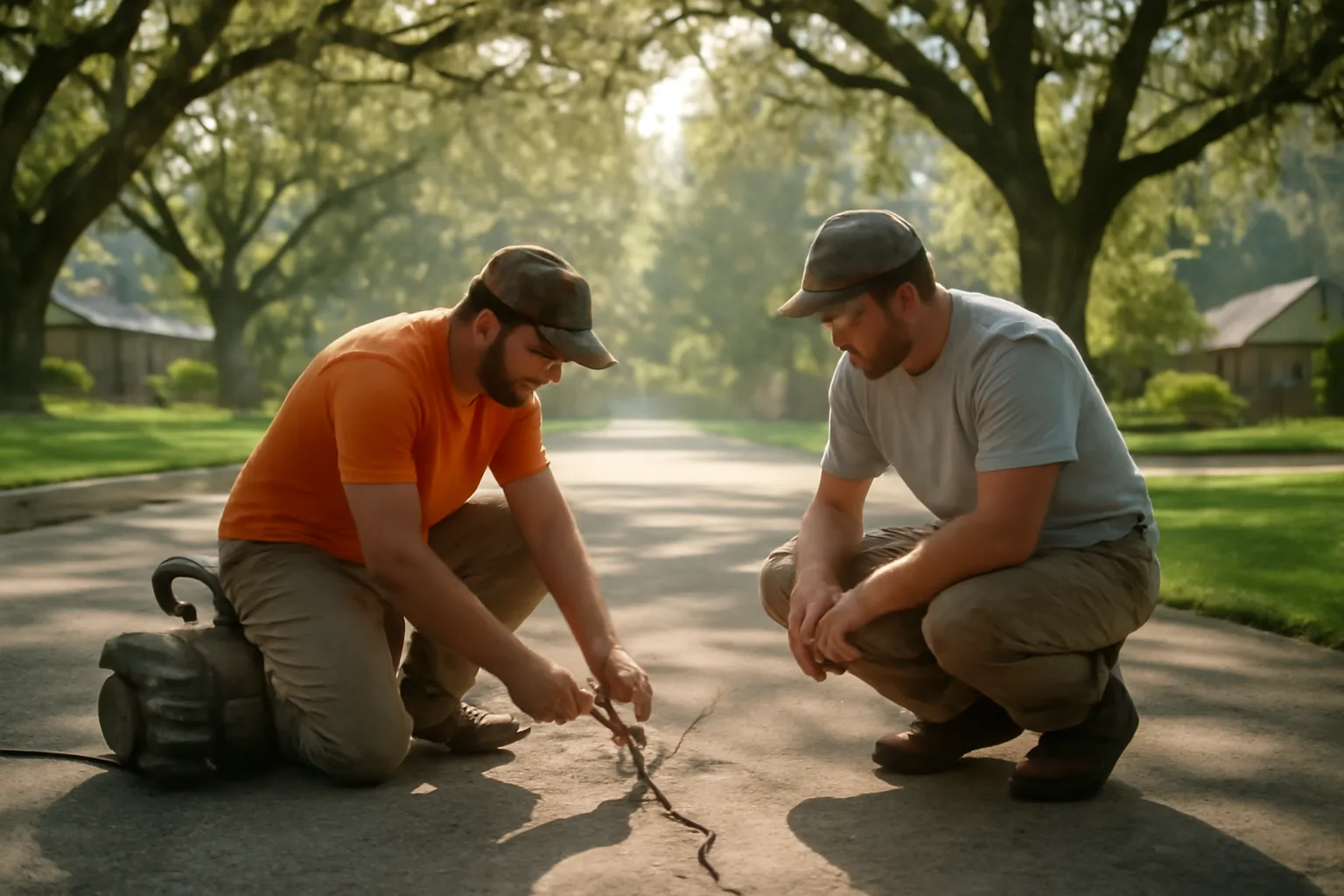 Crew lifting a settled concrete driveway slab in Alabama morning light