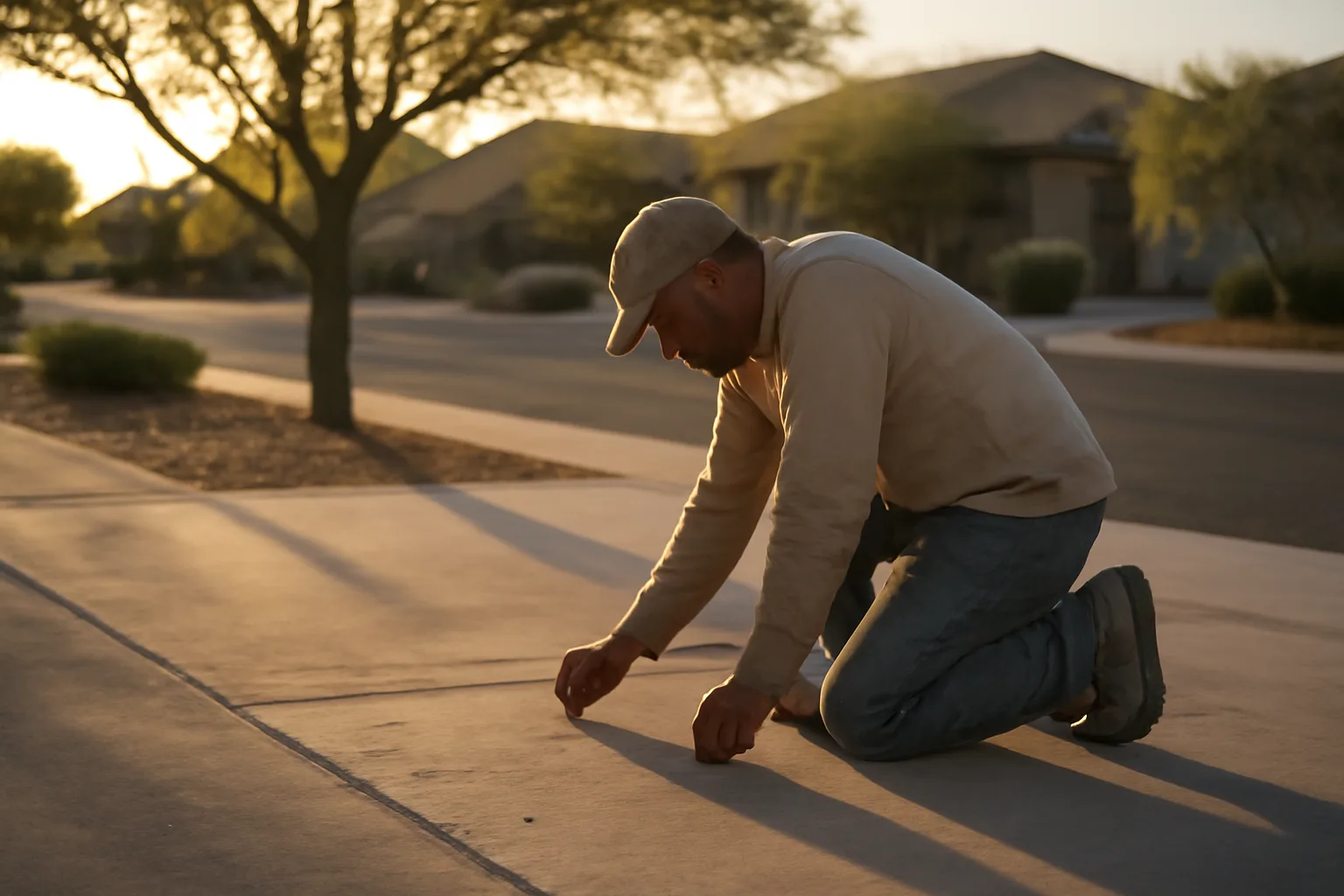 Worker kneeling on a sunken Arizona driveway during slab lift