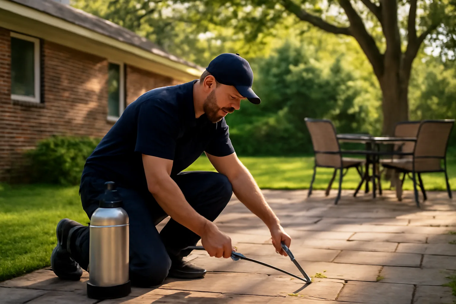 Technician injecting foam to lift a settled Arkansas backyard slab
