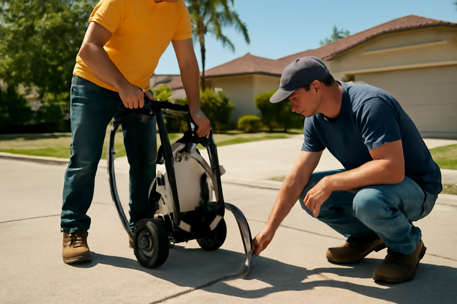 Two workers lifting a settled concrete driveway slab with foam injection equipment in California